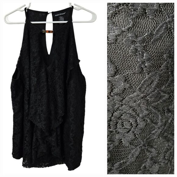 Ashley Stewart Size 18/20 Black Lace Ruffle Keyhole Bar Neck Top Plus 2x Frilly - Picture 2 of 15